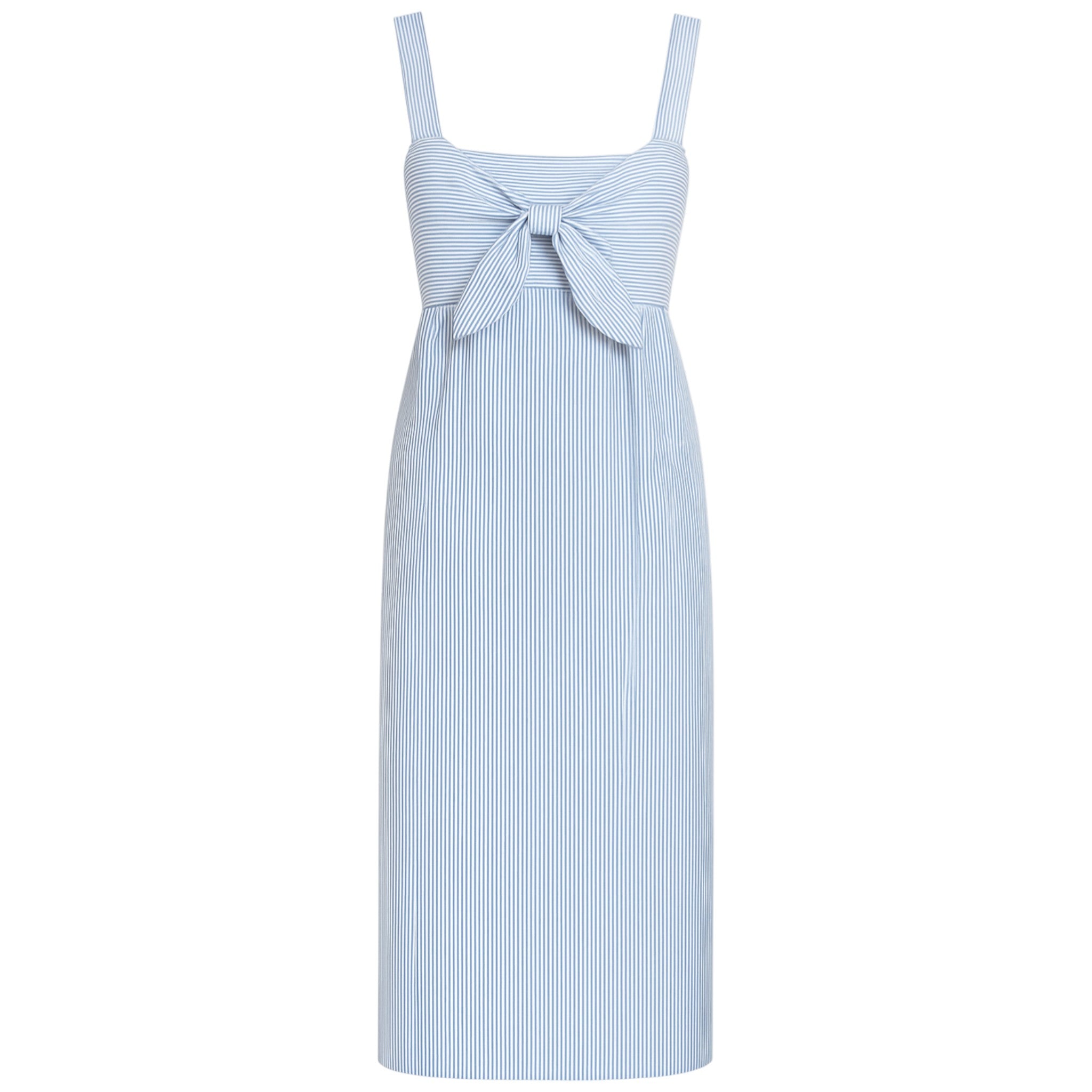 Women's striped sundress with front tie bow and adjustable straps – lightweight summer dress in Blue and White